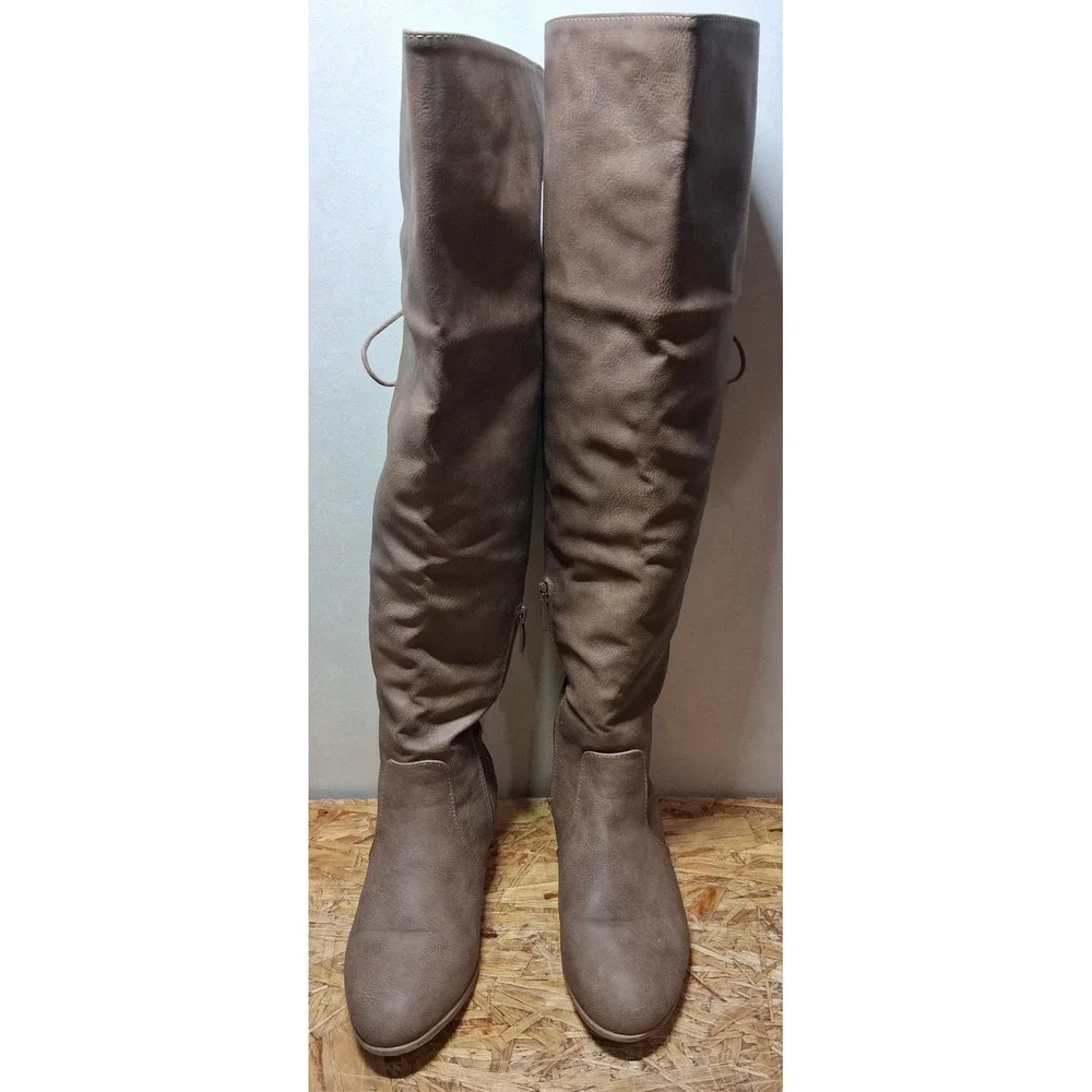 Brinley Co Womens Taupe Brown Over The Knee Lace Up Back Boots Size 6